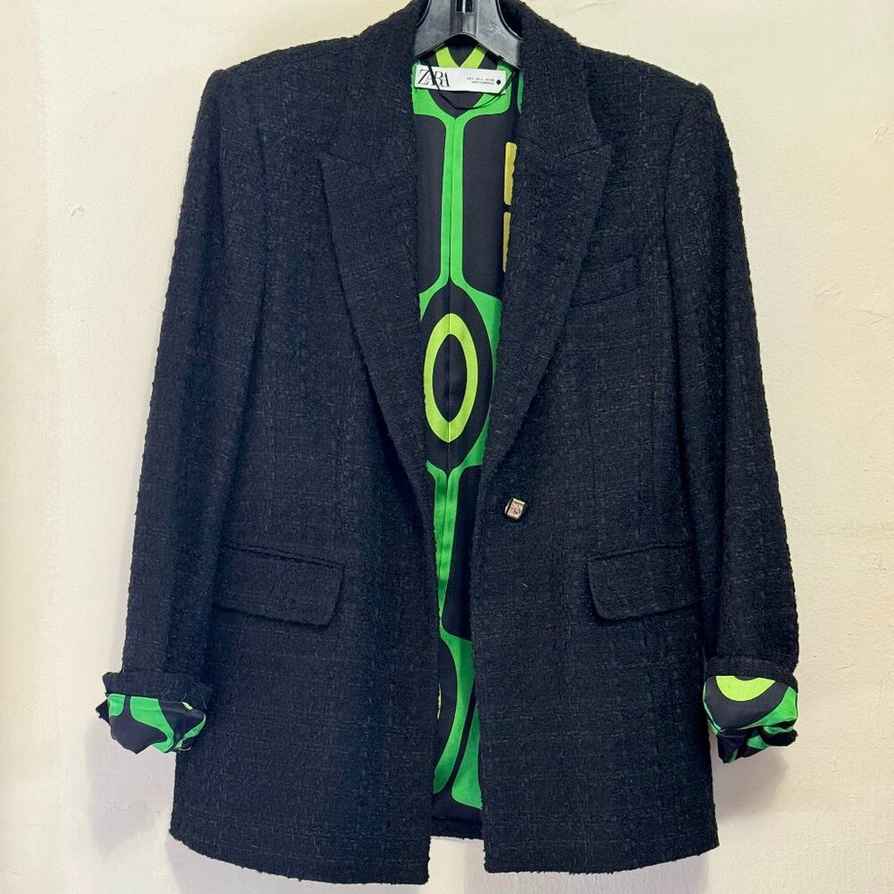 Zara NWOT Black Textured Tweed Blazer Jacket size L